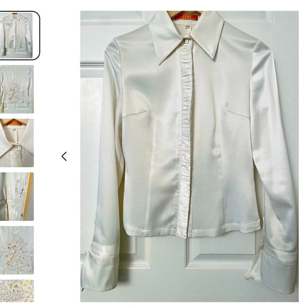 White satin shirt thick flowy fabric with embro embroidered cut-out design